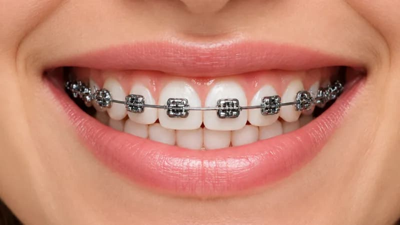 Üst dişlerde metal braket ve ark teli bulunan bir gülüşün yakın görüntüsü